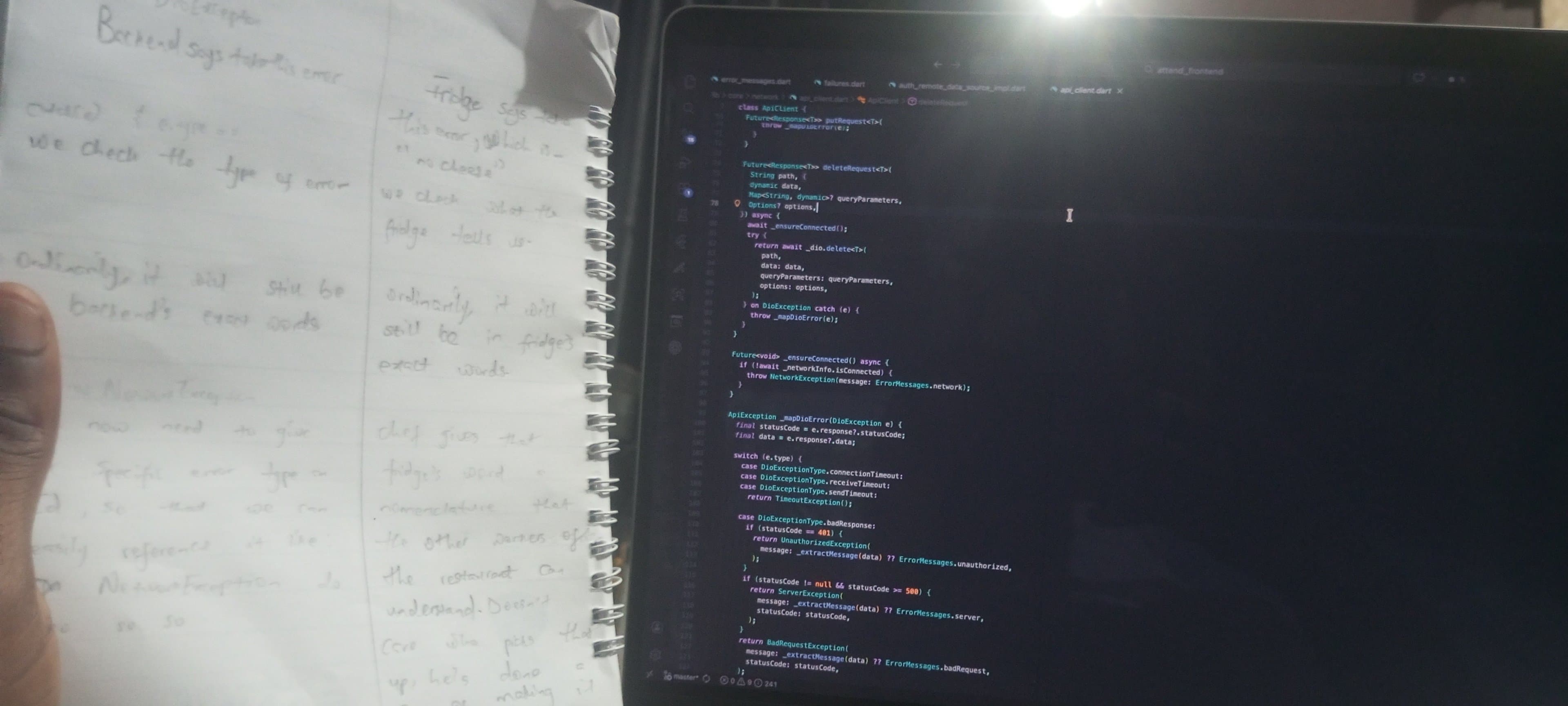 A notebook of exception-handling notes next to VS Code, debugging Attend's frontend