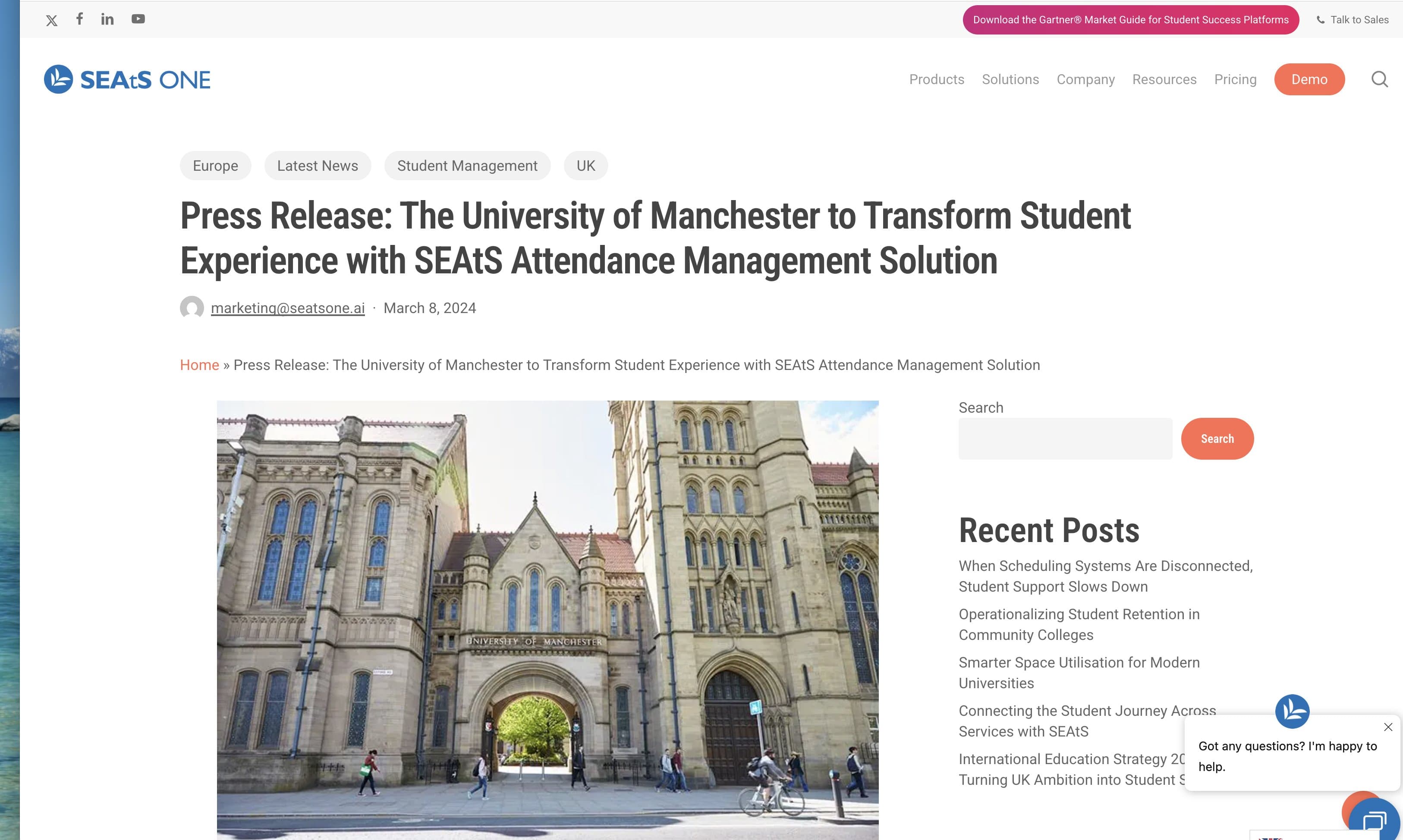 A saved press release on a university attendance-management rollout, used as market research